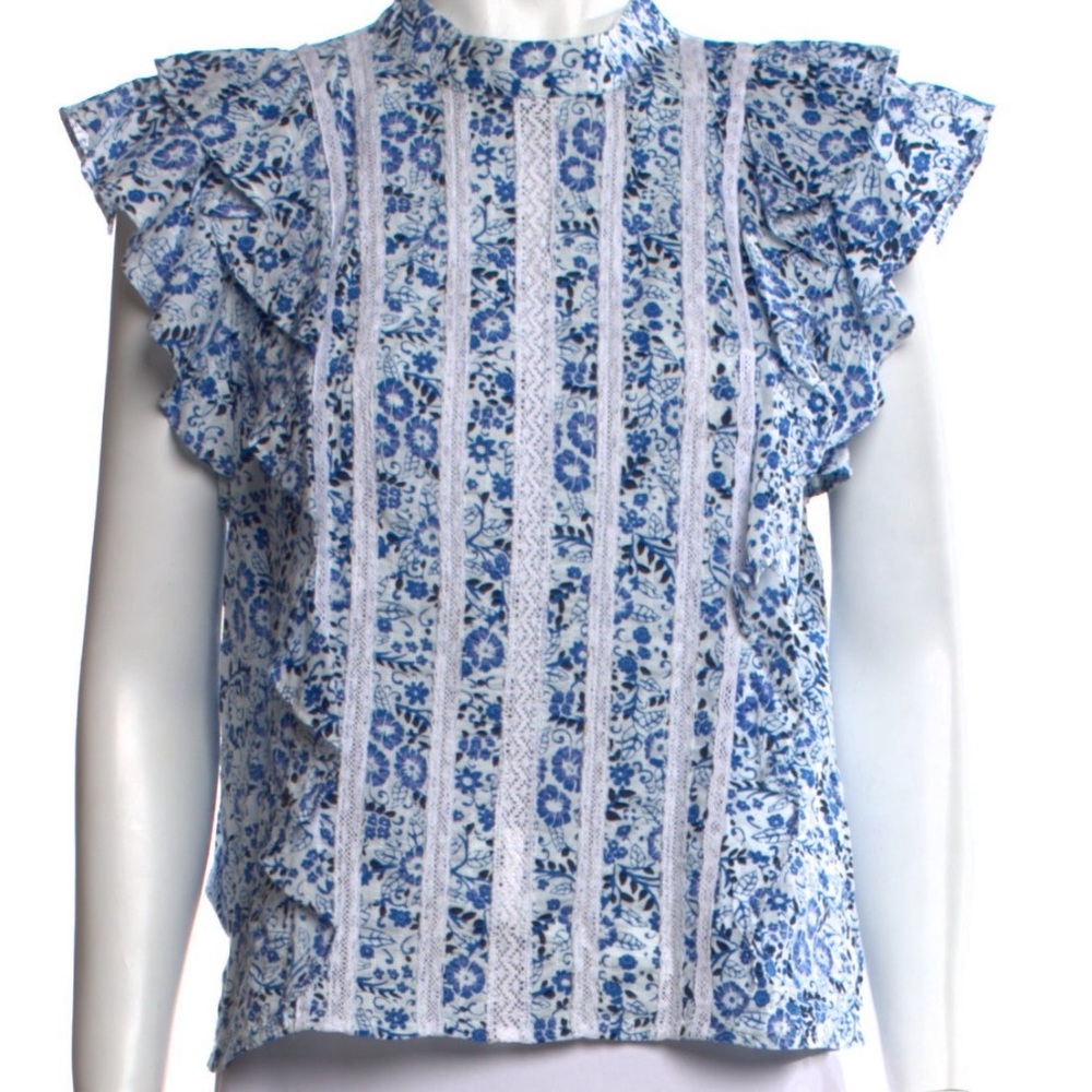 VERONICA BEARD Sol Ruffle Sleeve Top in Blue/White Size 0
